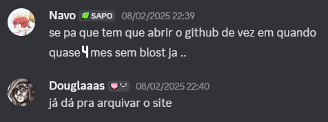 se pa que tem que abrir o github de vez em quando / quase 3 (editado por cima) mes sem blost ja .. / já dá pra arquivar o site